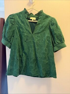 Green Eyelet Ruffle Neck Puff Sleeve Blouse